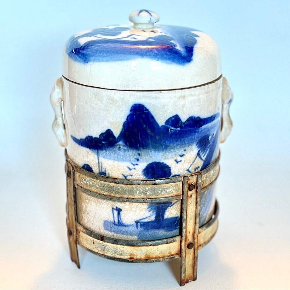 Chinese Tea Caddy Porcelain Canister Double Lid Herb Infuser Apothecary Jar